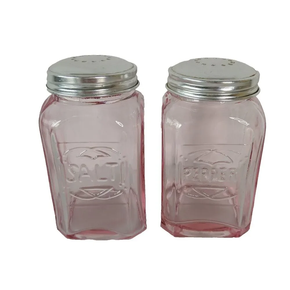 Vintage Hazel Atlas Pink Embossed Glass SALT & PEPPER Shakers Original Tops